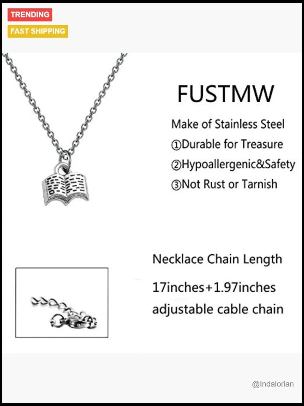 Stainless Steel Book Charm Pendant Necklace for Book Lovers Reading Jewelry